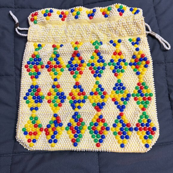 Vintage Reversible 70’s Beaded Drawstring Purse / Sack Boho Hippy Festival Pouch - Picture 2 of 13